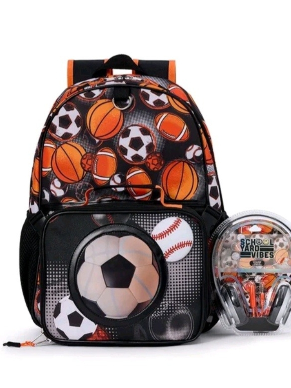 Kids Sports Pattern Backpack with Earbuds - Black & Orange